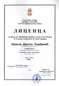 Licenca za izradu procene rizika od katastrofа i plana zastite i spasavnja - Nevena Djordjevic