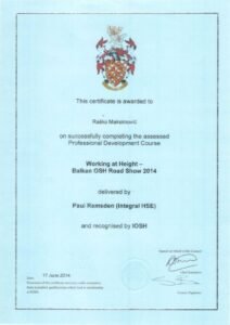 Sertifikat za rad na visini - Rasko Maksimovic