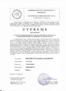 Uverenje - Rukovaoc samohodnim radnim platformama na elektro pogon - Branislava Obucina