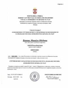 Uverenje - Strucni ispit - Bezbednost i zdravlje na radu - Verica Maksimovic