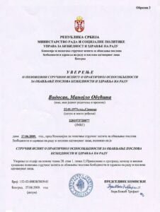 Uverenje - Strucni ispit - Bezbednost i zdravlje na radu - Vidosav Obucina